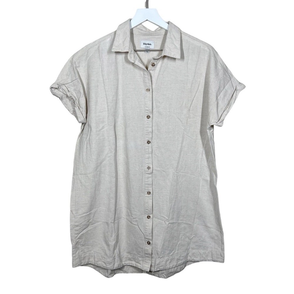 Rhythm Classics Womens Beige Linen Blend Button Up Shirt Dress Size Small